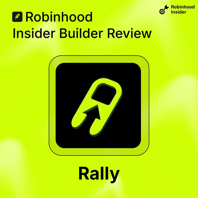 A green promotional graphic for 'Robinhood Insider Builder Review' featuring a stylized rocket ship logo and the word 'Rally' below.