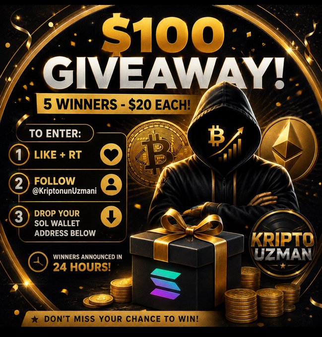 The image is a flashy $100 giveaway promotion featuring a hooded figure surrounded by Bitcoin, Ethereum, and Solana logos, with a gold gift box and coin stacks against a black-and-gold background. It lists entry instructions—Like + RT, Follow @KriptonunUzmani, and drop a SOL wallet—with "5 WINNERS - $20 EACH" and "WINNERS ANNOUNCED IN 24 HOURS" displayed prominently. The post's caption aligns directly with the image, restating the giveaway details, entry requirements, and winner announcement timeline.
