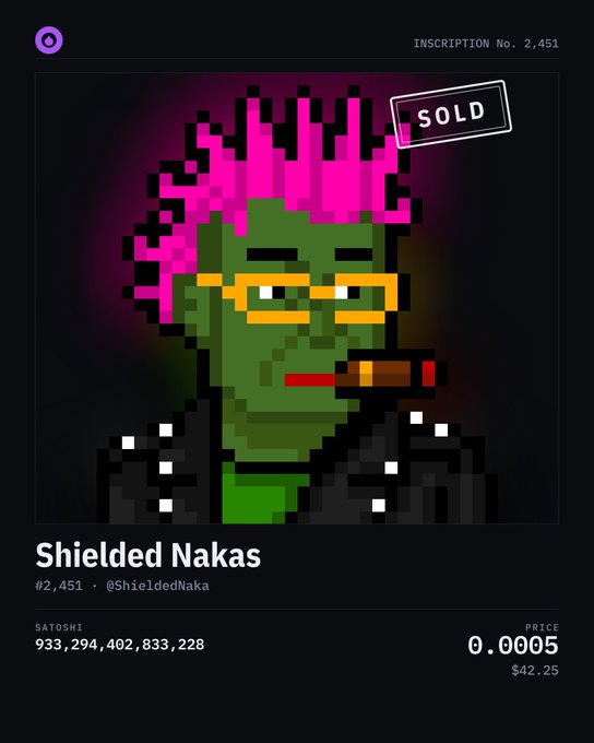 A pixel art inscription on the Gamma marketplace titled 'Shielded Nakas' (#2,451 by @ShieldedNaka), featuring a green-skinned character with pink dreadlocks and a cigar, marked as SOLD for 0.0005 BTC ($42.25).
