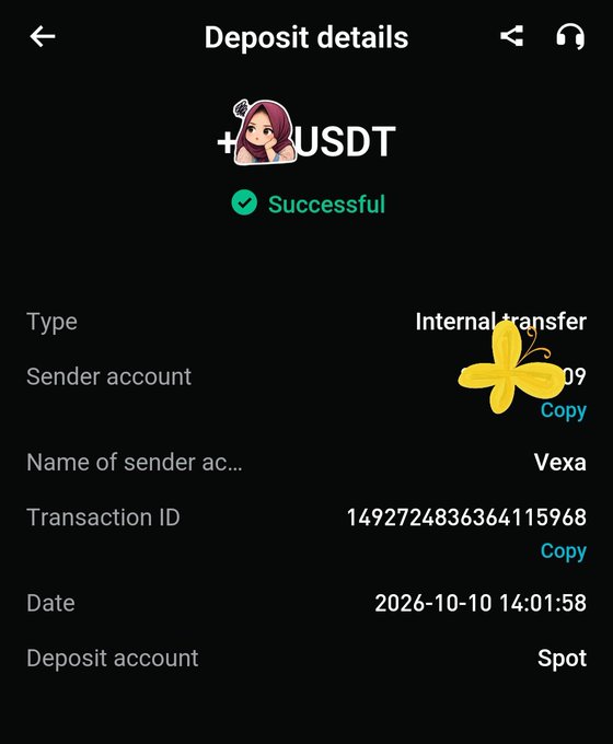 A cryptocurrency deposit details screen showing a successful +USDT transaction, sender name "Vexa", transaction ID "1492724836364115968", dated 2026-10-10 14:01:58.