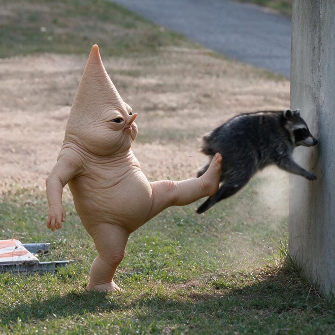 A surreal figurine with a pointed cone-shaped head kicks a raccoon mid-air against a concrete wall, kicking up dust on a dirt path.