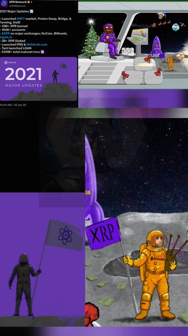 A Reddit post from r/XRPNetwork titled "2021 Major Updates" listing partnerships, launches, and product releases, alongside a pixelated illustration of an astronaut on the moon planting an "XRP" flag and a Christmas scene featuring astronauts and rockets. The image relates to the accompanying post's speculation about an "XPR" being hidden behind the XRP flag in the artwork.