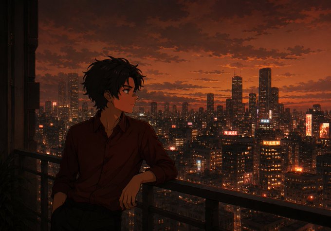 An anime-style illustration of a dark-haired man leaning on a balcony railing, looking out at a city skyline at sunset.
