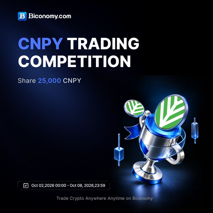A promotional graphic for a 'CNPY TRADING COMPETITION' on Biconomy.com with a prize of '25,000 CNPY', running from 'Oct 02, 2026' to 'Oct 08, 2026'.