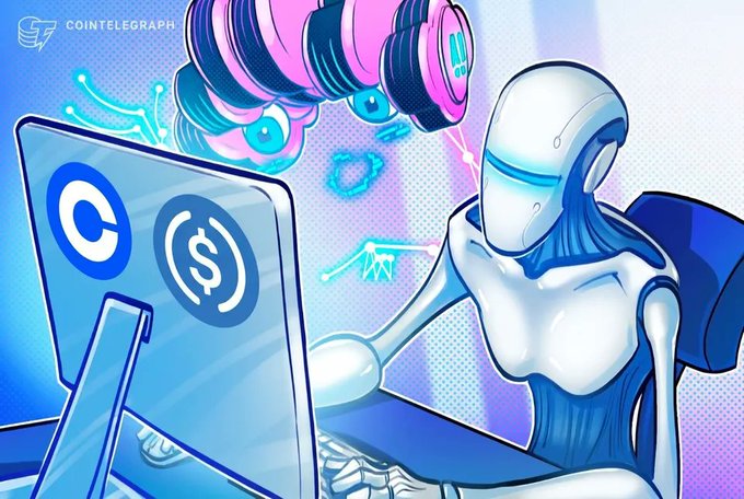 A colorful Cointelegraph illustration depicting a humanoid robot looking at a screen displaying a dollar sign, while a pink cartoon character peers over from behind.