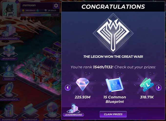 A gaming screenshot showing a 'CONGRATULATIONS' message for 'THE LEGION WON THE GREAT WAR!' with rank '154th/1132!' and prizes of 225.93M gems, 15 Common Blueprint, and 318.71K.