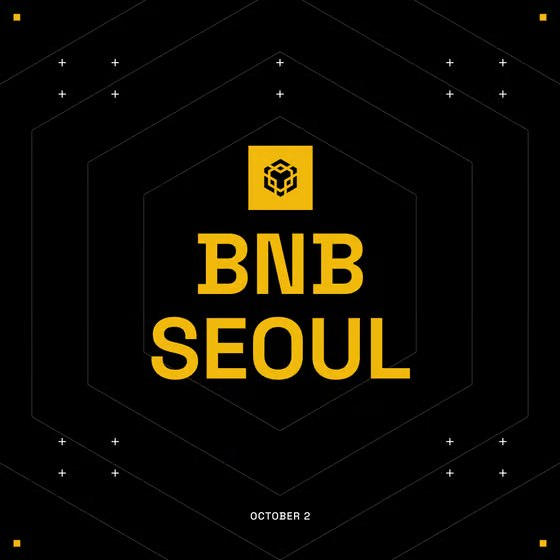 A black and yellow promotional graphic for 'BNB SEOUL' event on October 2, featuring a hexagonal logo design.