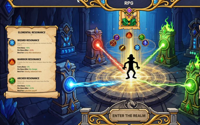 A promotional screenshot for the RPG game on Robinhood Chain displays an "Enter the Realm" interface featuring a silhouetted warrior character surrounded by elemental magic circles and runes, with a sidebar listing "Elemental Resonance" bonuses for Wizard, Warrior, and Archer classes, and a banner advertising a freemint of 355 NFTs. The image visually reinforces the post's call-to-action for users to summon their warriors via a "summoning rite" linked at rpg.cash.