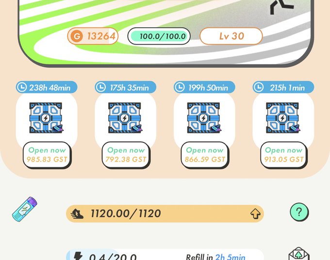 A game interface showing a Level 30 character with 100.0/100.0 and 13264 G coins, displaying four energy capsule timers (238h 48min, 175h 35min, 199h 50min, 215h 1min) that can be opened for GST amounts between 792.38 and 985.83, with 1120.00/1120 stamina and energy refilling in 2h 5min.