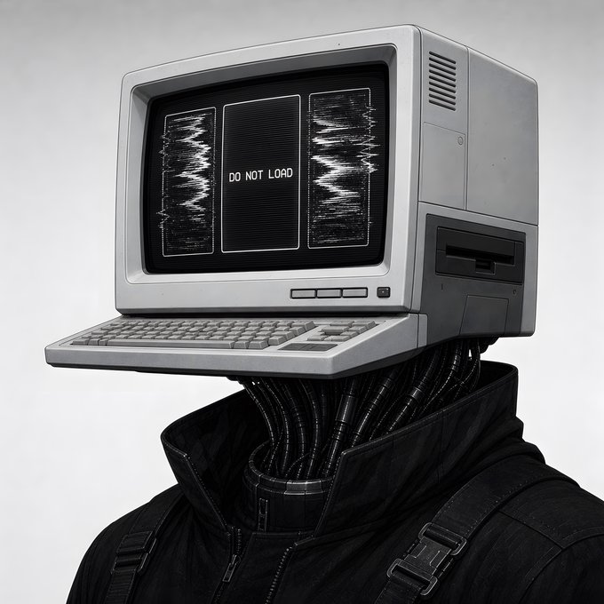 A surreal image of a figure wearing a black jacket with an old-school CRT computer monitor and keyboard as its head, displaying "DO NOT LOAD" on the screen.