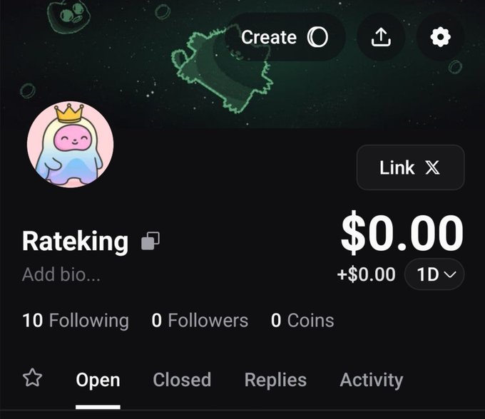 A social profile page for 'Rateking' showing 10 Following, 0 Followers, 0 Coins, and a $0.00 balance, with a cartoon avatar wearing a crown.