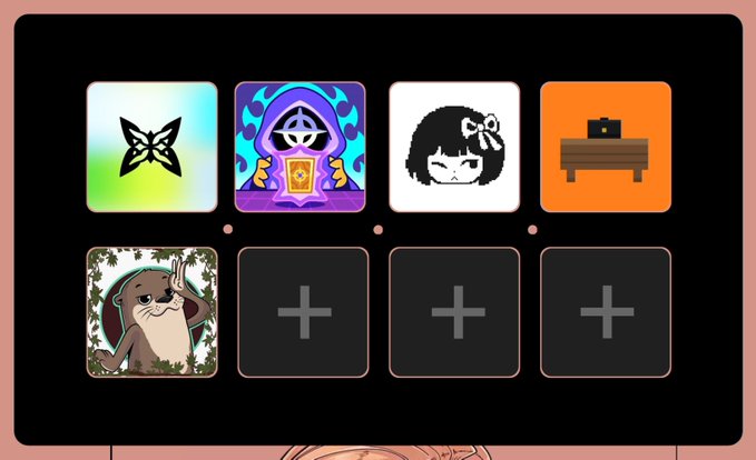 A digital interface displaying a grid of app icons, including a butterfly, a hooded figure, an anime-style character, a table, and an otter, with three empty slots marked with plus signs.