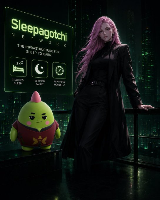 The image features a woman standing next to a green robot toy that has a pink face. They are both situated in front of a neon sign for the Sleep to Earn platform. The woman appears to be dressed in black, while the robot toy is green with a pink face. There are also text elements on the image, such as "The Sleep to Earn platform" and "infra". Additionally, there are mentions of other platforms like Telegram and Discord, along with numbers like "63K", "35K", and "BONK". The overall atmosphere suggests that this is a promotional or advertisement for the Sleep to Earn platform.