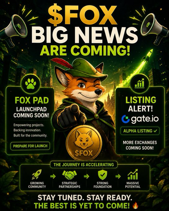 A promotional graphic for the $FOX cryptocurrency token, featuring an anthropomorphic fox character in a green hat and cloak, with text announcing 'BIG NEWS ARE COMING!', a 'FOX PAD LAUNCHPAD COMING SOON!', and a 'LISTING ALERT! gate.io ALPHA LISTING'.