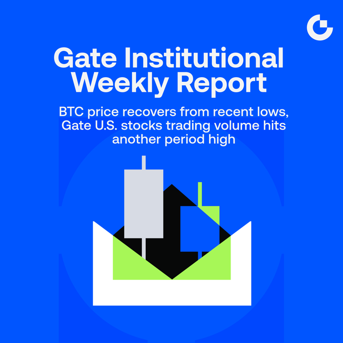 Gate Institutional Weekly Report cover highlighting BTC's recovery from recent lows and another period high in Gate U.S. stocks trading volume, with crypto candlestick graphics inside an envelope.