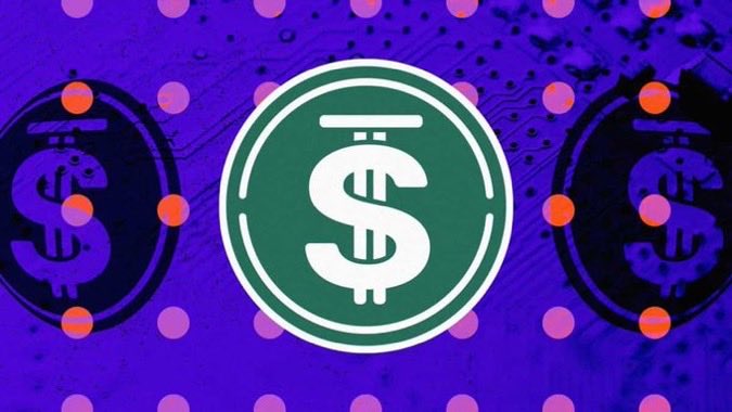 A green circle with a white dollar sign sits in the center of a purple circuit-board graphic dotted with orange circles.