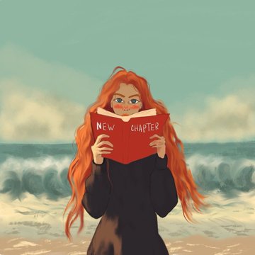 A red-haired woman on a beach reads a book labeled "NEW CHAPTER," symbolizing a fresh start. The image visually reinforces the post's celebration of selling out artwork editions and gratitude toward the collector.