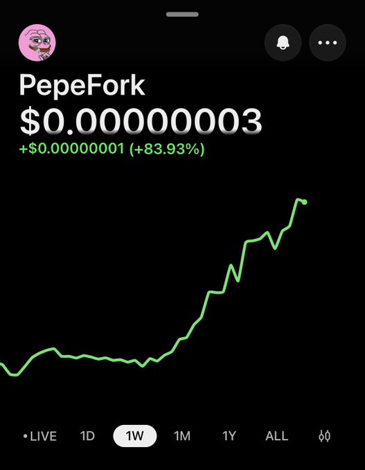 A mobile screenshot of the PepeFork cryptocurrency ($0.000000003) showing a weekly chart with an 83.93% gain.