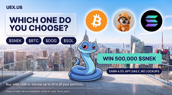 A promotional banner for UEX.US featuring a blue cartoon snake ("Snek") with a cityscape background, asking "WHICH ONE DO YOU CHOOSE?" with options $SNEK, $BTC, $DOG, and $SOL, alongside offers to "WIN 500,000 $SNEK" and "EARN 4.5% APY DAILY, NO LOCKUPS." The image directly matches the post, highlighting the four cryptocurrency choices and UEX.US's lending feature that allows borrowing up to 90% of portfolio value.