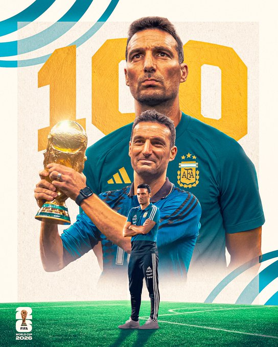 A FIFA World Cup 2026 graphic celebrating Argentina's #100th match milestone, showing Lionel Messi holding the World Cup trophy alongside coach Lionel Scaloni, with the AFA team crest visible.