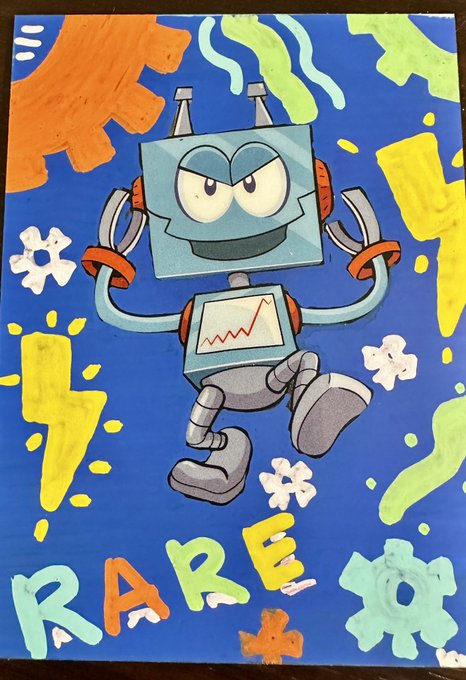 A hand-drawn illustration depicts a cartoon robot character with an angry expression on a blue background decorated with colorful shapes and the word 'RARE' at the bottom.