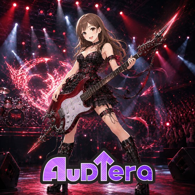 An anime-style illustration of a young woman playing an electric guitar on stage with red energy effects, featuring the stylized text 'AupTera'.