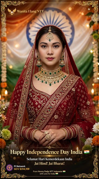 A promotional graphic featuring a woman in traditional red bridal attire and gold jewelry, with text reading 'Happy Independence Day India' and greetings in Indonesian and Hindi.