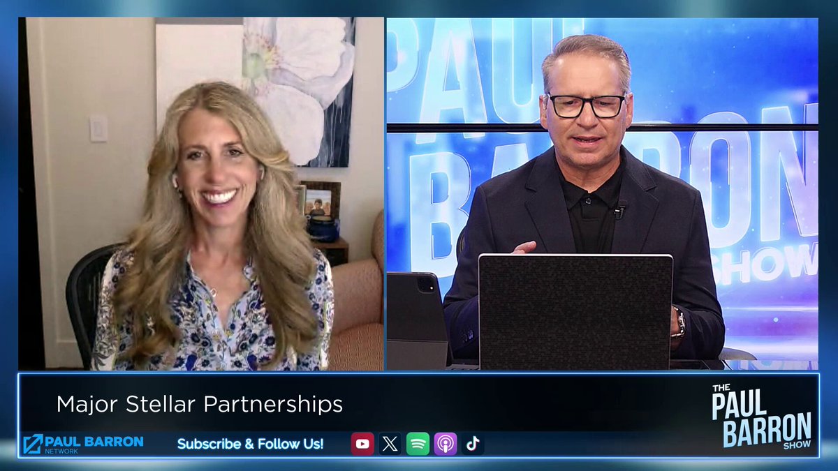 The image shows a television screen displaying a man and woman talking, with the text "Major Stellar Partnerships" written above them. The background of the image features a painting hanging on the wall behind the couple. The caption below the image reads "Then Canton is really is going to have a coronary when they see what XRP does." This suggests that the conversation might be about Bitcoin or Ripple, as both terms are related to digital currency and blockchain technology.