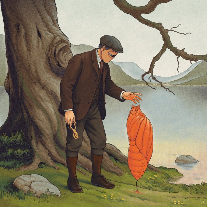 A whimsical illustration of a man in a flat cap and brown suit examining a large orange cocoon-like object hanging from a tree branch near a lake.