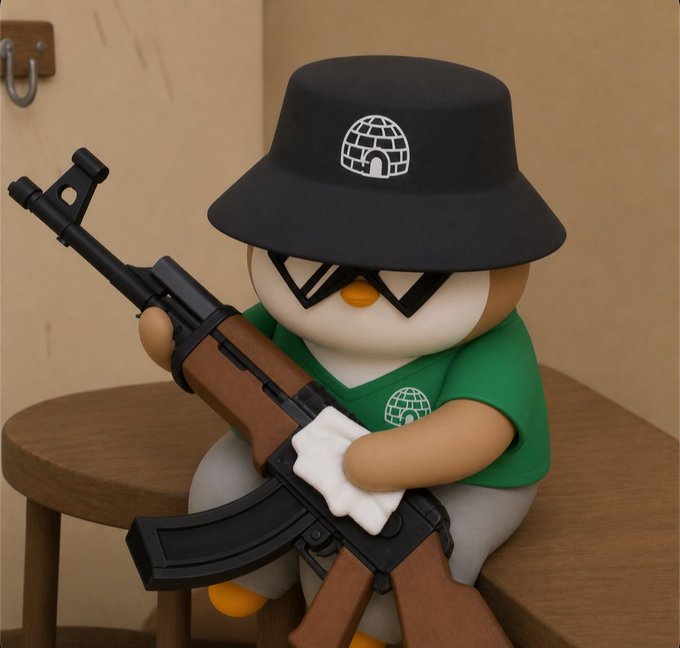 A cartoon penguin figure wearing a black bucket hat and sunglasses, holding an assault rifle, sitting on a wooden stool. The penguin wears a green shirt featuring an igloo logo, matching the symbol on its hat—projecting a tough, unbothered demeanor that mirrors the post's dismissive attitude toward others' financial gains.