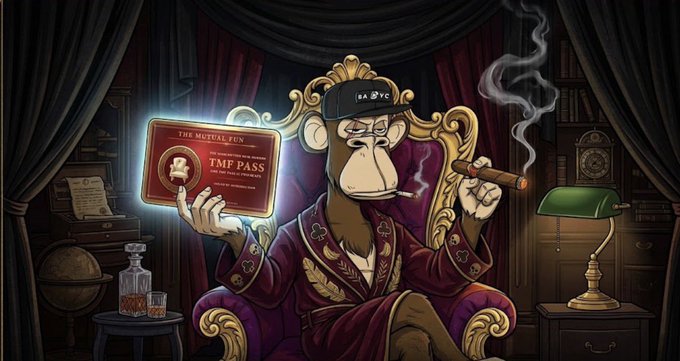 A digital illustration of an anthropomorphic monkey dressed in a robe, smoking a cigar, and holding a 'TMF PASS' card while sitting in an ornate chair.