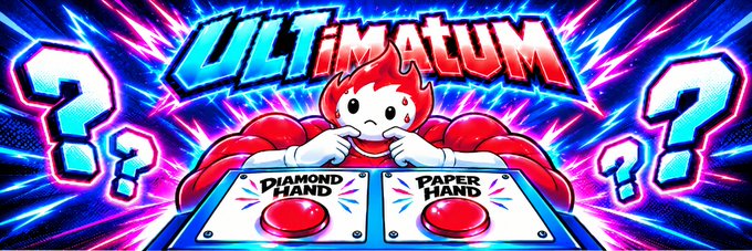 A colorful digital banner featuring a red cartoon character above two red buttons labeled 'DIAMOND HAND' and 'PAPER HAND,' with the word 'ULTIMATUM' at the top and question marks on either side.