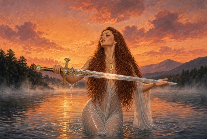 A digital illustration of a woman with long curly hair emerging from a misty lake at sunset, holding a large ornate sword with a 'B' pendant around her neck.