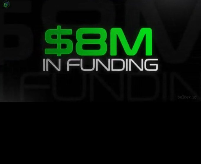 A black promotional graphic displays '$8M IN FUNDING' in large green letters, with the beldex logo visible in the bottom right corner.