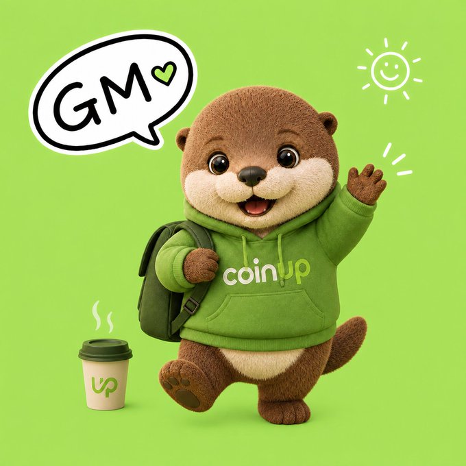 A cute animated otter mascot wearing a green "coinup" hoodie and backpack waves cheerfully alongside a steaming coffee cup, set against a bright green background with a "GM" speech bubble and smiling sun—perfectly matching the post's upbeat "Good Morning" crypto greeting.