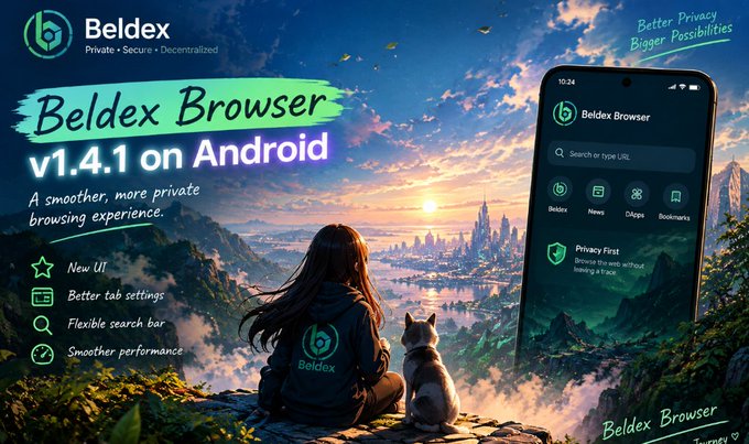 An advertisement for Beldex Browser v1.4.1 on Android, featuring an anime-style illustration of a person and cat overlooking a city, with features listed including New UI, Better tab settings, Flexible search bar, and Smoother performance.