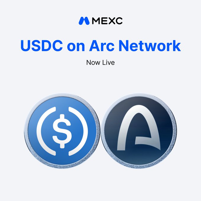 MEXC exchange promotional graphic announcing 'USDC on Arc Network Now Live' featuring the USDC and Arc Network coin logos side by side.