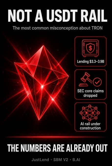 A graphic with the text "NOT A USDT RAIL - The most common misconception about TRON" and "THE NUMBERS ARE ALREADY OUT", showing a red TRON logo and icons for "Lending $3.3-3.9B", "SEC core claims dropped", and "AI rail under construction", crediting JustLend, SBM V2, and B.AI.