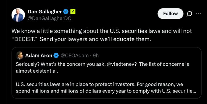 A screenshot of a tweet by Dan Gallagher (@DanGallagherDC) replying to Adam Aron (@CEOAdam) about U.S. securities laws, responding to concerns with: 'We know a little something about the U.S. securities laws and will not "DECIST." Send your lawyers and we'll educate them.'