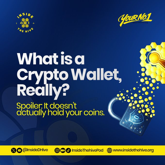 The image is a promotional graphic for the "Inside the Hive" podcast featuring the headline "What is a Crypto Wallet, Really?" with a subheading "Spoiler: It doesn't actually hold your coins," alongside visual elements of a padlock releasing golden hexagonal particles shaped like coins. The graphic includes social media handles (@InsideDHive) and the website (www.insidethehive.org), promoting an educational episode that demystifies how crypto wallets function rather than physically storing currency—directly supporting the post's invitation to learn the fundamentals.