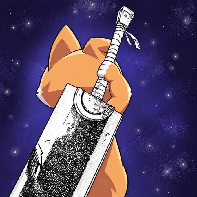 A digital illustration depicts an orange tabby cat viewed from behind, wielding an enormous, weathered broadsword against a starry purple cosmic backdrop.