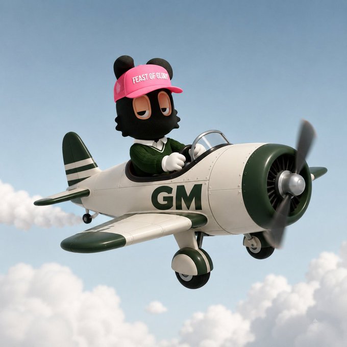 A 3D-rendered black cartoon character wearing a pink 'FEAST OF GLORY' cap and a green sweater pilots a white and green airplane marked with 'GM' through the clouds.