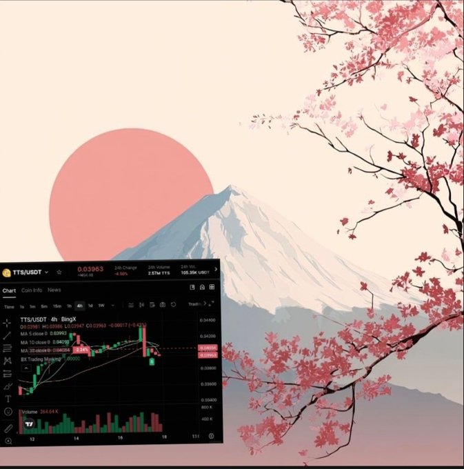 This image features two screens with different types of information displayed on them, which seem unrelated at first glance but are actually connected through a thread or concept that ties them together. On one screen, there is a graph displaying the rise and fall of a stock price over time, possibly related to cryptocurrency trading. The other screen shows a graphic design featuring cherry blossoms and mountains with a pink color theme. This design could be interpreted as an artistic representation or visual metaphor for the stock market's trends and patterns shown on the graph in the first screen.