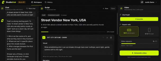 A screenshot of the StudioIntel Mock API interface showing a script tool with a video generation panel. Visible text includes 'Street Vendor New York, USA' as a script prompt, with options for clip length, aspect ratio, and a 'Generate video' button.