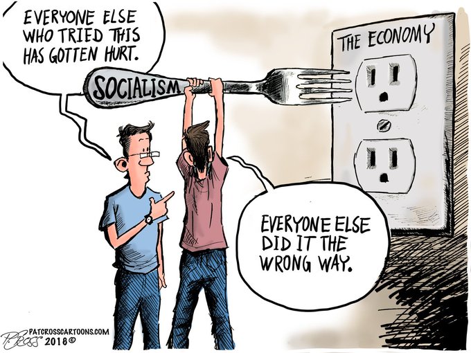 A political cartoon shows two men attempting to plug a giant fork labeled "Socialism" into an electrical outlet labeled "The Economy," with one remarking "Everyone else who tried this has gotten hurt," and the other dismissing this by saying "Everyone else did it the wrong way." The cartoon satirically illustrates the post's argument about UASF (User Activated Soft Fork) supporters, comparing their insistence on proceeding with a risky plan despite past failures to proponents of socialism dismissing historical setbacks, both following a pattern of ignoring warnings from previous attempts.