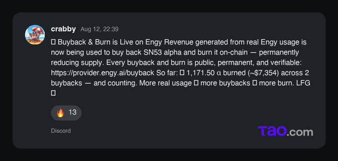 A Discord message from user "crabby" announces that real Engy revenue is now being used to buy back and burn SNS53 alpha, reporting that 1,171.50 α (~$7,354) has been burned across 2 buybacks, with details linked to provider.engy.ai/buyback.