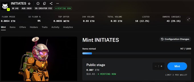 The image displays the "INITIATES" NFT collection minting page with a floor price of 0.0654 ETH, showing 147/1666 items minted at a price of 0.007 ETH with a limit of 2 per wallet. This corresponds to the post's discussion of the Inititates NFT project by @El__khalil, originally built on the Ritual testnet before launching on Robinhood, now available for minting.