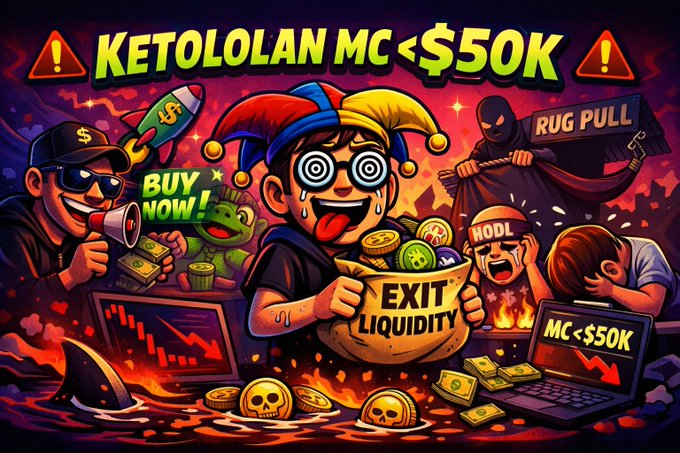 A chaotic cartoon-style illustration warning about a crypto market cap under $50K, featuring a jester, an 'EXIT LIQUIDITY' bag, a 'RUG PULL' figure, and 'HODL' characters.