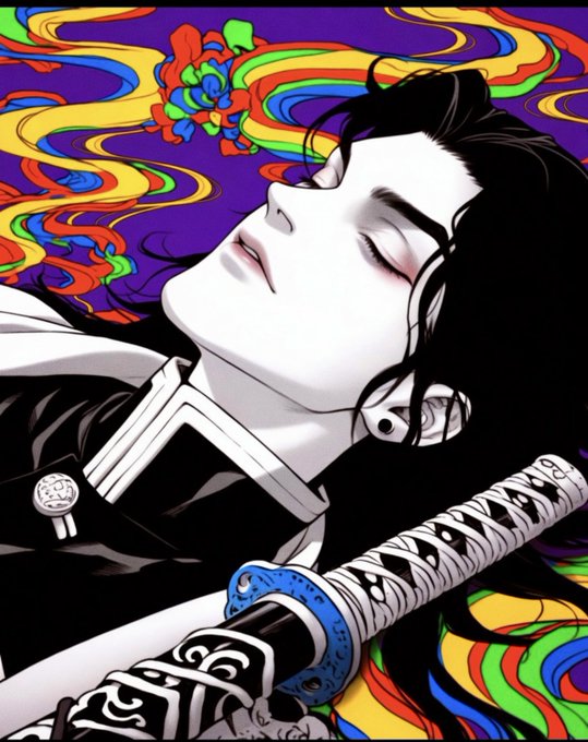 An anime-style illustration of a dark-haired character with closed eyes lying down, with a katana sword visible and a vibrant, psychedelic multicolored background.
