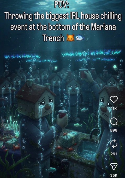 A humorous AI-generated meme depicting anthropomorphic sad houses crying while holding drinks deep underwater in the Mariana Trench, captioned "POV: Throwing the biggest IRL house chilling event at the bottom of the Mariana Trench 🦊🐟," with 11K likes, 898 comments, 291 shares, and 35K views, tying into the "gchill" aesthetic of absurd, surreal party scenes.